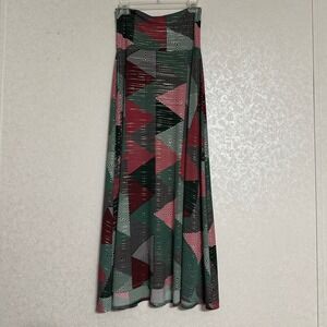 LuLaRoe Red Green Maxi Skirt Dress Triangle Geometric High Waist Metallic Sz XS